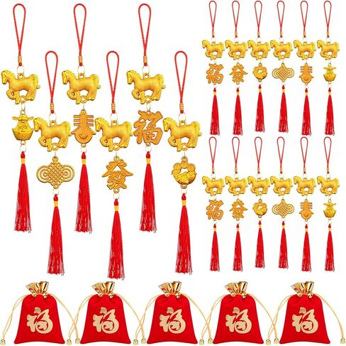 24 Pcs Chinese Lunar New Year Good Luck Fortune Ornaments Decorations Red Chinese Knot Tassel Ornaments and 6 Red Envelopes for Wealth Health Success Oriental Asian 2026 Year of The Horse in Saudi Arabia