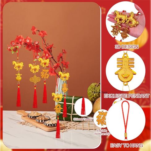 24 Pcs Chinese Lunar New Year Good Luck Fortune Ornaments Decorations Red Chinese Knot Tassel Ornaments and 6 Red Envelopes for Wealth Health Success Oriental Asian 2026 Year of The Horse in Saudi Arabia
