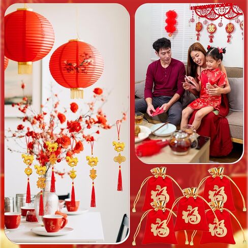 24 Pcs Chinese Lunar New Year Good Luck Fortune Ornaments Decorations Red Chinese Knot Tassel Ornaments and 6 Red Envelopes for Wealth Health Success Oriental Asian 2026 Year of The Horse in Saudi Arabia