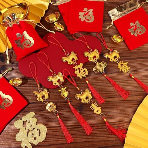24 Pcs Chinese Lunar New Year Good Luck Fortune Ornaments Decorations Red Chinese Knot Tassel Ornaments and 6 Red Envelopes for Wealth Health Success Oriental Asian 2026 Year of The Horse in Saudi Arabia