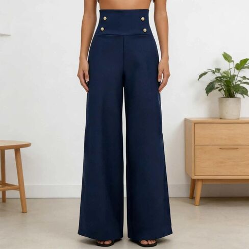 Girls' High Waist Pants Youth Wide Leg Trousers Blue Button Detail Casual Party School Spring Autumn Vintage Style 14-16Y in Saudi Arabia