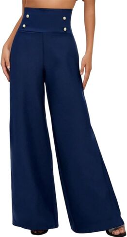 Girls' High Waist Pants Youth Wide Leg Trousers Blue Button Detail Casual Party School Spring Autumn Vintage Style 14-16Y in Saudi Arabia