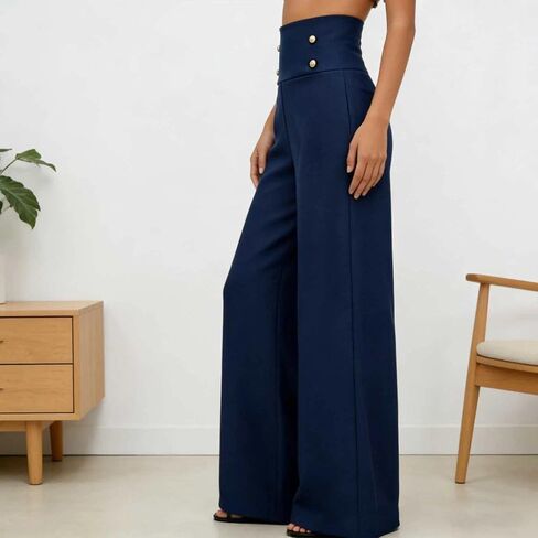 Girls' High Waist Pants Youth Wide Leg Trousers Blue Button Detail Casual Party School Spring Autumn Vintage Style 14-16Y in Saudi Arabia