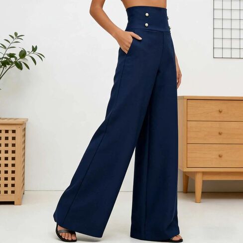 Girls' High Waist Pants Youth Wide Leg Trousers Blue Button Detail Casual Party School Spring Autumn Vintage Style 14-16Y in Saudi Arabia