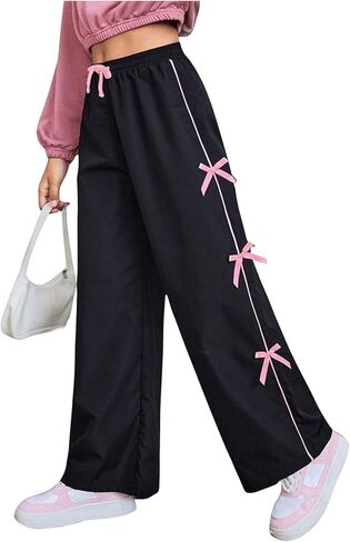 QJQ Girls Wide Leg Elastic High Waisted Bow Side Pants Sweatpants Track Pants Trousers Casual Streetwear Ages 8-12 in Saudi Arabia