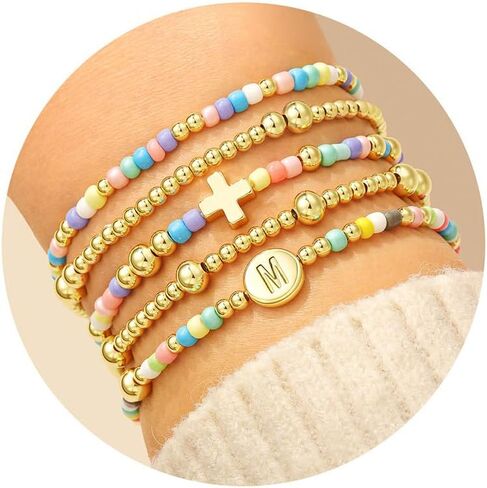 M MOOHAM Gifts for Women Girls - 5PCS Colorful Beaded Bracelets Cross Bracelet Disc Letter A-Z Initial Bracelet Stretch Stackable Bracelet Set for Women, Birthday Gift Christian Jewelry in Saudi Arabia