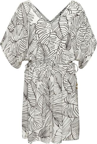 LASCANA Women's Palm Print Cover Up, Ivory & Black, Size 10 in Saudi Arabia