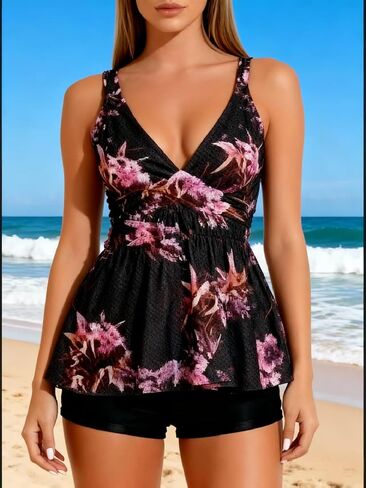 Women's V-Neck Tankini Set - Flowy Ruffle Top with Boyshorts Modest Two Piece Swimwear in Saudi Arabia
