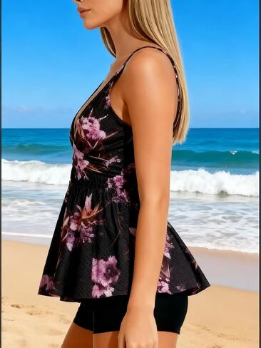 Women's V-Neck Tankini Set - Flowy Ruffle Top with Boyshorts Modest Two Piece Swimwear in Saudi Arabia