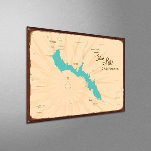 Lakebound Bass Lake California Retro Steel Metal، مع حدود مؤكسدة، ملصق خريطة فنية جدارية مقاس 9 بوصة × 12 بوصة. ديكور جداري مميز للمنزل أو المقصورة أو المكتب in Saudi Arabia