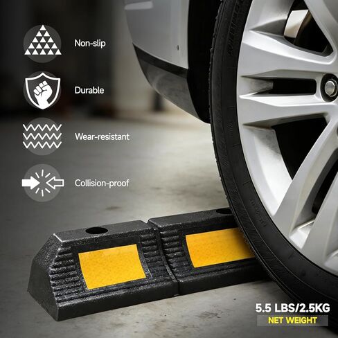 DNA Motoring Heavy Duty 2 Pack Garage Aid، 22.8 "سدادة وقوف السيارات للمرآب، أرضية وقوف السيارات في موقف السيارات، مصدات الإطارات، مع شريط أصفر عاكس، 22.8" طول × 4.33" عرض × 3.34" ارتفاع in Kuwait