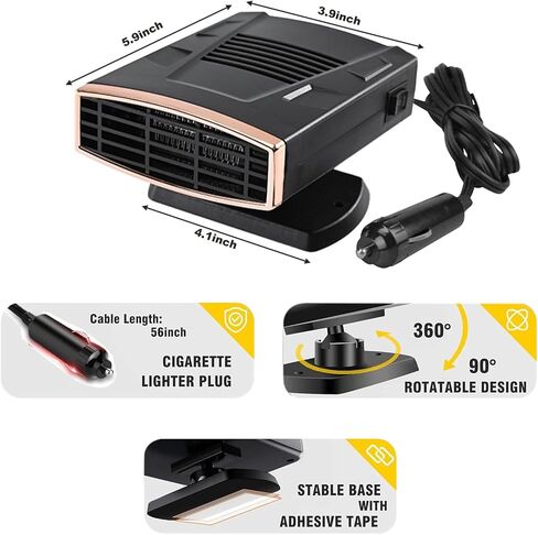 12V Car Heater,Portable Car Heater that Plugs into Cigartte Lighter,200W Fast Heating Windshield Defroster 360° Rotatable Car Heaters for Vehicle,SUVs,Vans,RVs (Black & Gold) in Kuwait