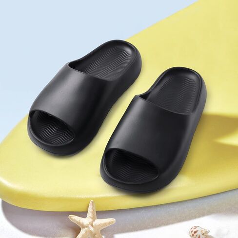 Kids Lightweight Soft EVA Non-Slip Slides Slippers Open Toe Comfy Sandals for Toddler Boys Girls Children Bathroom Shower Summer Pool Beach Slippers Black in Saudi Arabia