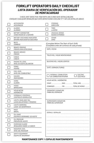 20 Pack Forklift Operator Daily Checklist,Single Copy Contains 30 Sheets, Bilingual Forklift Checklist Inspection Book,2-Ply,Carbonless,Daily Educational Training Reference for Workplace Safety in Kuwait