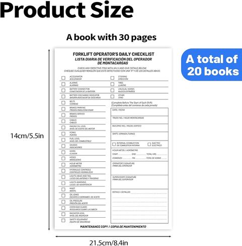 20 Pack Forklift Operator Daily Checklist,Single Copy Contains 30 Sheets, Bilingual Forklift Checklist Inspection Book,2-Ply,Carbonless,Daily Educational Training Reference for Workplace Safety in Kuwait