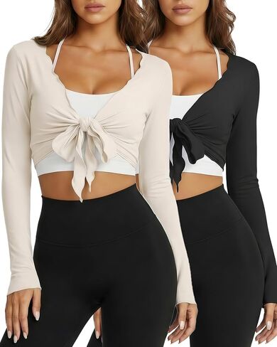 Coume 2 Pack Women Tie Front Wrap Tops Long Sleeve Pilate Ballet Ruffle Bolero Shrugs Crop Yoga Layering Workout Cardigan in Saudi Arabia