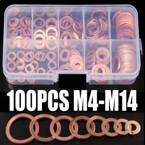 مجموعة حشية نحاسية مكونة من 100 قطعة، مجموعة متنوعة من الختم الدائري المسطح مقاسات M4-M14 لإصلاح سباكة السيارات والدراجات النارية، ذهبي in Saudi Arabia