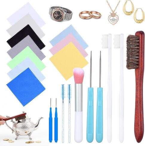 20Pcs Jewelry Cleaning Kit Cleaner Brush Tool Set with 10pcs Cleaning Polishing Cloth Big Small Hole Brush Crevice Brush and Needle for Wedding Ring Earring Watch Diamond All Jewelry Clean in Saudi Arabia