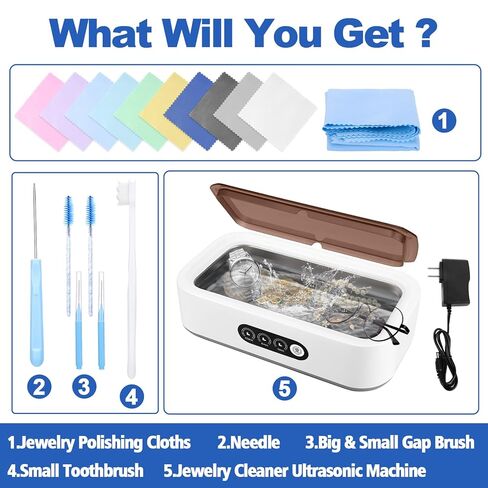 XANGNIER Jewelry Cleaning Kit-Ultrasonic Cleaner Machine(49k Hz,3 Modes),Gap Cleaning Brush and Polishing Cleaning Cloth for All Jewelry,Ring,Gold,Diamond,Earring,Sterling Silver,Eyeglass,Dentures in Saudi Arabia