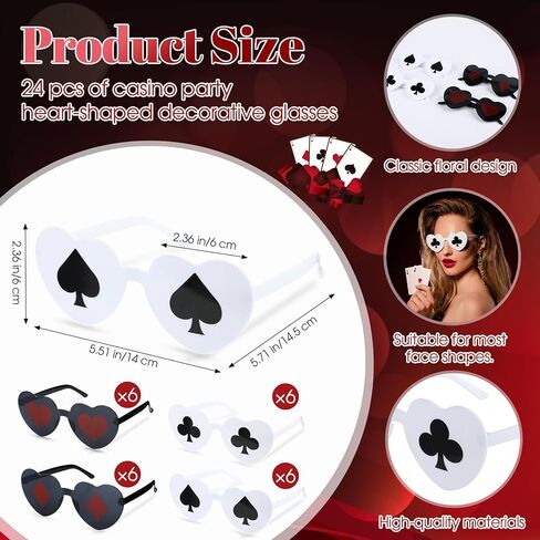 24 Pcs Poker Themed Heart Shaped Sunglasses Playing Card Glasses Casino Night Party Favors Poker Night Gifts for Women Men Birthday Party in Saudi Arabia