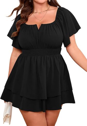 SCOMCHIC Women Plus Size Romper Dress Summer Square Neck A Line High Waist Ruffle Tiered Boho Short Jumpsuits in Saudi Arabia