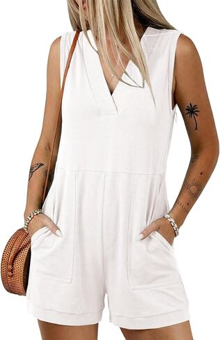Acelitt Womens Rompers Summer Casual V Neck Sleeveless Overalls Loose Shorts Jumpsuit with Pockets in Saudi Arabia