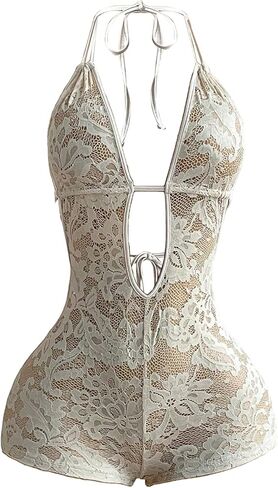 Women's Sexy Romper Sheer Lace Jumpsuit Y2K Date Night Rompers Halter Open Back Party Rave Club Shorts Jumpsuit in Saudi Arabia