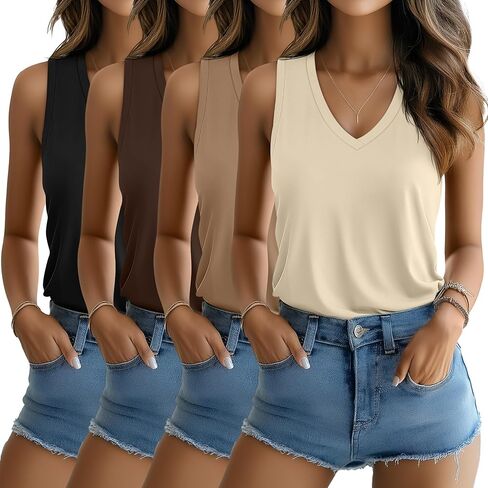 RIYIPER 4 Pack Tops Tops 2025 V Deck Derts Disualess Soulding Cotton Summer Tee Basic in Kuwait