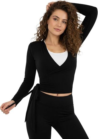 Women Ballet Pilates Wrap Tops Long Sleeve Tie Front Crop Shirts Y2K Dance Workout Yoga Going Out Tops in Saudi Arabia