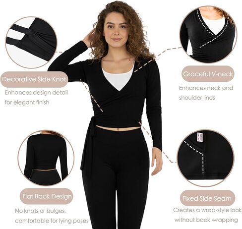 Women Ballet Pilates Wrap Tops Long Sleeve Tie Front Crop Shirts Y2K Dance Workout Yoga Going Out Tops in Saudi Arabia