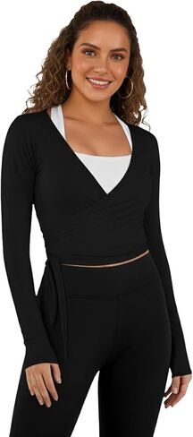 Women Ballet Pilates Wrap Tops Long Sleeve Tie Front Crop Shirts Y2K Dance Workout Yoga Going Out Tops in Saudi Arabia