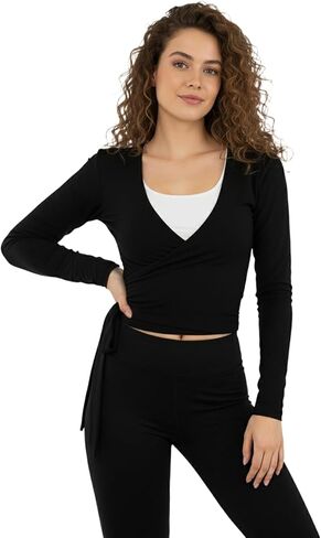 Women Ballet Pilates Wrap Tops Long Sleeve Tie Front Crop Shirts Y2K Dance Workout Yoga Going Out Tops in Saudi Arabia