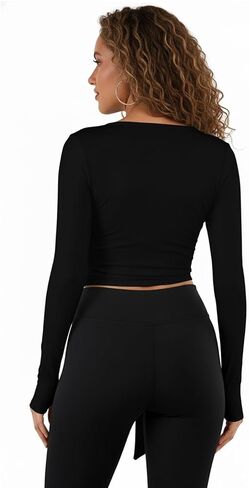 Women Ballet Pilates Wrap Tops Long Sleeve Tie Front Crop Shirts Y2K Dance Workout Yoga Going Out Tops in Saudi Arabia