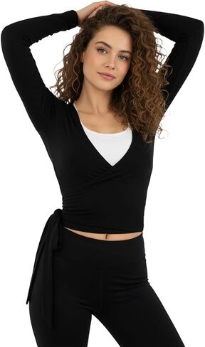 Women Ballet Pilates Wrap Tops Long Sleeve Tie Front Crop Shirts Y2K Dance Workout Yoga Going Out Tops in Saudi Arabia
