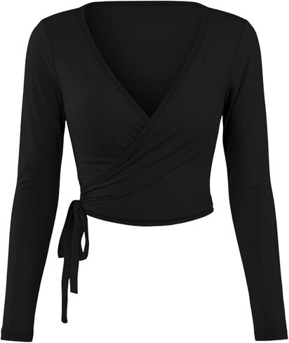 Women Ballet Pilates Wrap Tops Long Sleeve Tie Front Crop Shirts Y2K Dance Workout Yoga Going Out Tops in Saudi Arabia