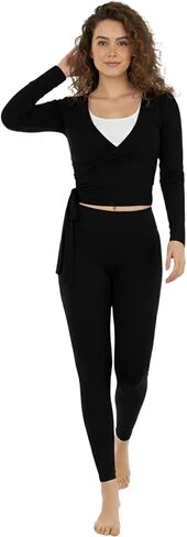 Women Ballet Pilates Wrap Tops Long Sleeve Tie Front Crop Shirts Y2K Dance Workout Yoga Going Out Tops in Saudi Arabia