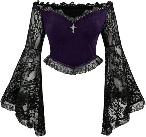 SweatyRocks Women's Plus Size Off The Shoulder Tops Lace Bell Long Sleeve Ruffled Mesh Crop Top Gothic Clothes in Saudi Arabia