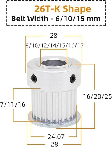 3M26T Belt Pulley Pitch Bore 4/5/6/6.35/7/8mm Circular Tooth BF/KShape Aluminum 3.0M Width 6/10/15mm 1Pcs(15 mm (K Shape),Belt Width 6 mm) in Saudi Arabia