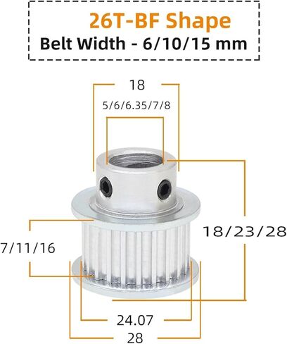 3M26T Belt Pulley Pitch Bore 4/5/6/6.35/7/8mm Circular Tooth BF/KShape Aluminum 3.0M Width 6/10/15mm 1Pcs(15 mm (K Shape),Belt Width 6 mm) in Saudi Arabia