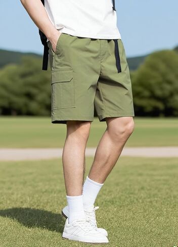 Men's Army Green Straight Leg Cargo Shorts - Drawstring Waist Casual Outdoor Utility Pants in Saudi Arabia