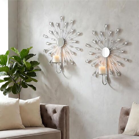 Crystal Rhinestone Wall Candle Sconces Set of 2 Bling Diamond Metal Sunburst Candle Holders Iron Decorative Wall Mounted Holders for Living Room Bedroom Bathroom Silver in Saudi Arabia