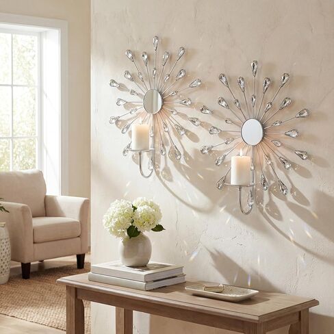 Crystal Rhinestone Wall Candle Sconces Set of 2 Bling Diamond Metal Sunburst Candle Holders Iron Decorative Wall Mounted Holders for Living Room Bedroom Bathroom Silver in Saudi Arabia