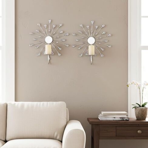 Crystal Rhinestone Wall Candle Sconces Set of 2 Bling Diamond Metal Sunburst Candle Holders Iron Decorative Wall Mounted Holders for Living Room Bedroom Bathroom Silver in Saudi Arabia