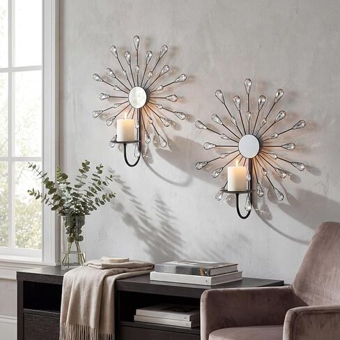 Crystal Rhinestone Wall Candle Sconces Set of 2 Bling Diamond Metal Sunburst Candle Holders Iron Decorative Wall Mounted Holders for Living Room Bedroom Bathroom Silver in Saudi Arabia