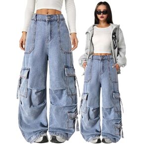 Nivne Tco Tween Girl's Cargo Jeans Y2K Loose Casual Wide Leg Design Zipper Fly Girls Long Blue Denim Pants with Pockets in Kuwait