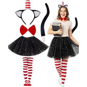Cat Costume for Women - 5 Pcs Black Tutu Skirt Cat Ear Headband Black Tail Red Stripe Socks and Bow Tie Set for Halloween Dress Up Party Cosplay in Kuwait
