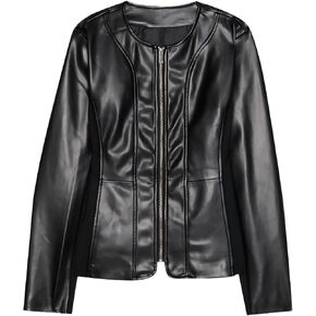 Women's Faux Leather Jacket, Round Neck, Zip Front, Long Sleeve, Beige and Black in Saudi Arabia