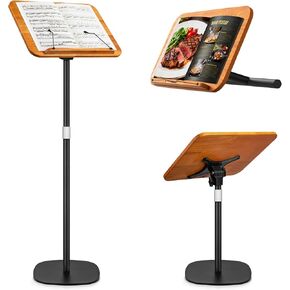 2 in 1 Dual-use Music Stand & Desktop Book Stand, Adjustable Height 16.5"-51", 100% Solid Wood Laptop Floor Stand Book Holder with Elastic Page Clips for Cookbooks, Sheet Music (Brown) in Saudi Arabia