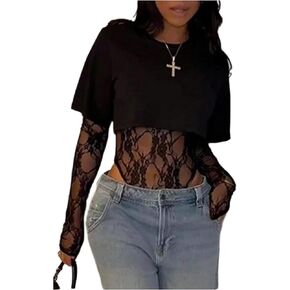 سالوبيت نسائي بأكمام طويلة من الدانتيل من Milumia مثير شفاف من خلال 2 في 1 تي شيرت للخروج in Kuwait