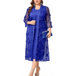 Plus Size Mother of The Bride Formal 2 Piece Dress Set with 3D Floral Mesh Jacket Dressy Suit Outfits Guest in Saudi Arabia